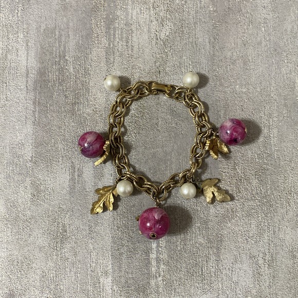 Coro Jewelry - HTF 1960s CORO Gold Tone Charm Bracelet Chunky Faux Pearl Leaf Pink Swirl Globes